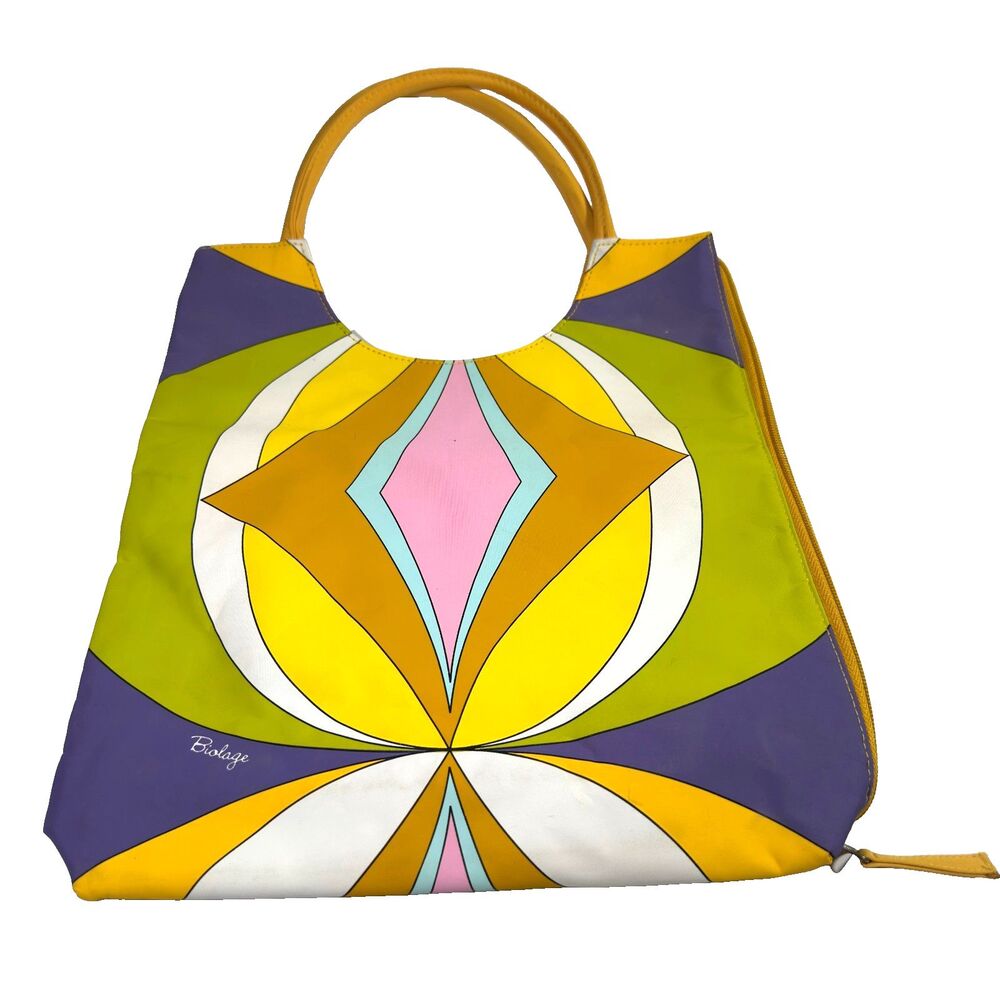 Vintage Biolage Tote Purse Handbag Retro 70s Mod Psychedelic Geometric Yellow